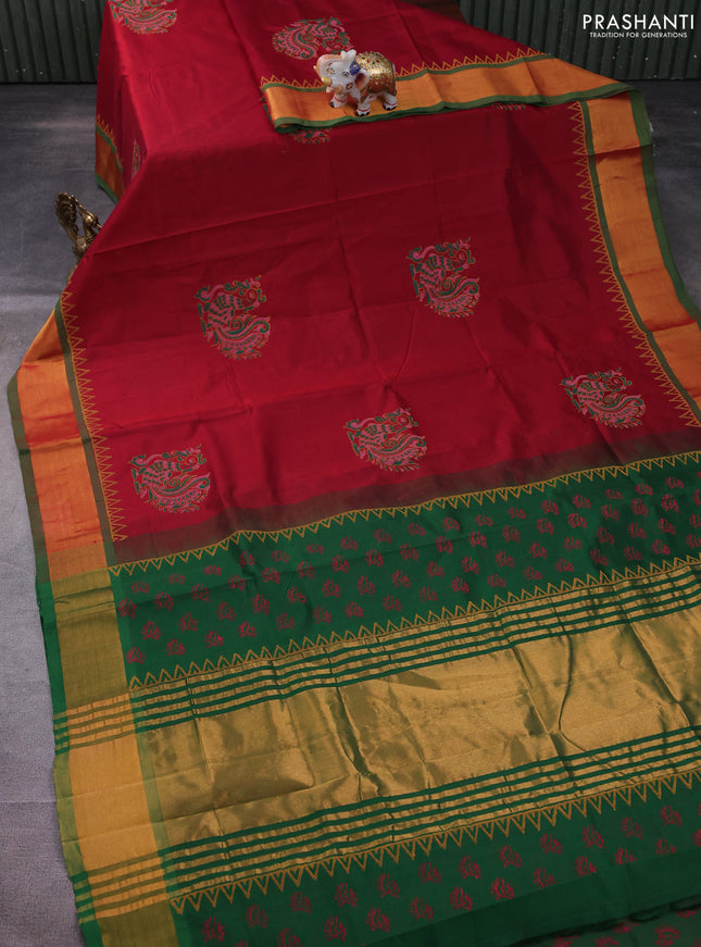 Silk cotton block printed saree maroon and green with butta prints and zari woven border