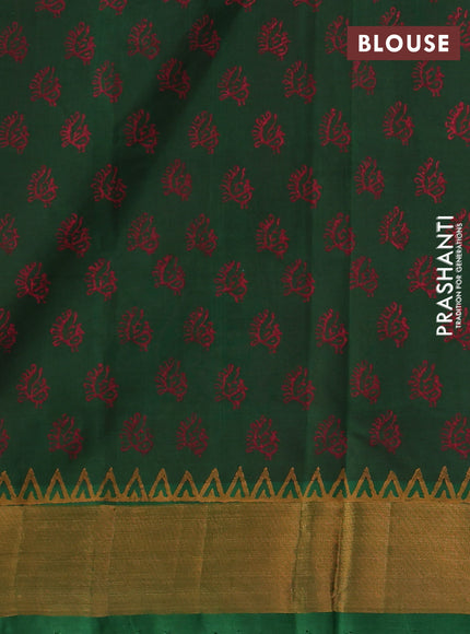 Silk cotton block printed saree maroon and green with butta prints and zari woven border