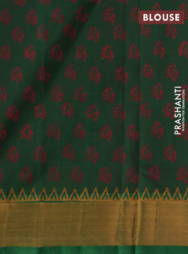 Silk cotton block printed saree maroon and green with butta prints and zari woven border