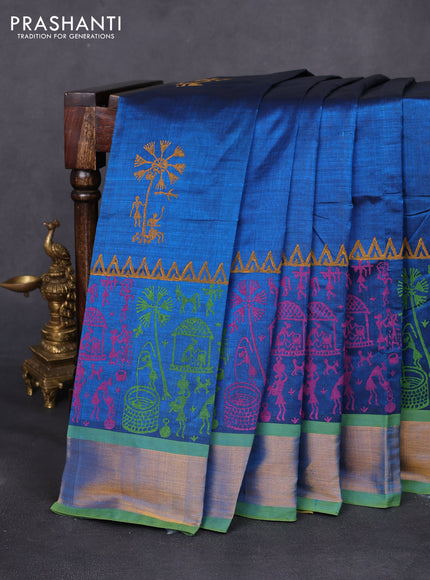 Silk cotton block printed saree peacock blue and light green with allover prints and zari woven border