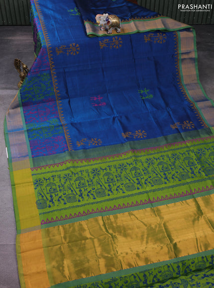 Silk cotton block printed saree peacock blue and light green with allover prints and zari woven border