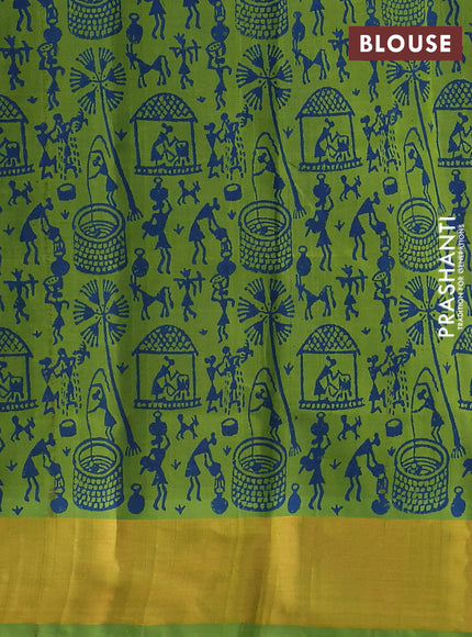 Silk cotton block printed saree peacock blue and light green with allover prints and zari woven border