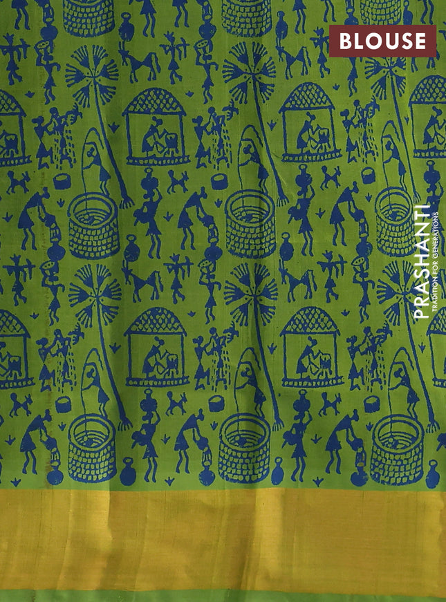 Silk cotton block printed saree peacock blue and light green with allover prints and zari woven border