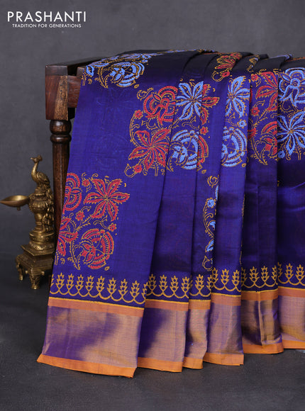 Silk cotton block printed saree blue and yellow with allover prints and zari woven border
