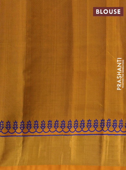 Silk cotton block printed saree blue and yellow with allover prints and zari woven border