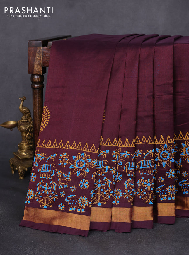 Silk cotton block printed saree deep wine shade with butta prints and zari woven border