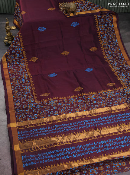Silk cotton block printed saree deep wine shade with butta prints and zari woven border
