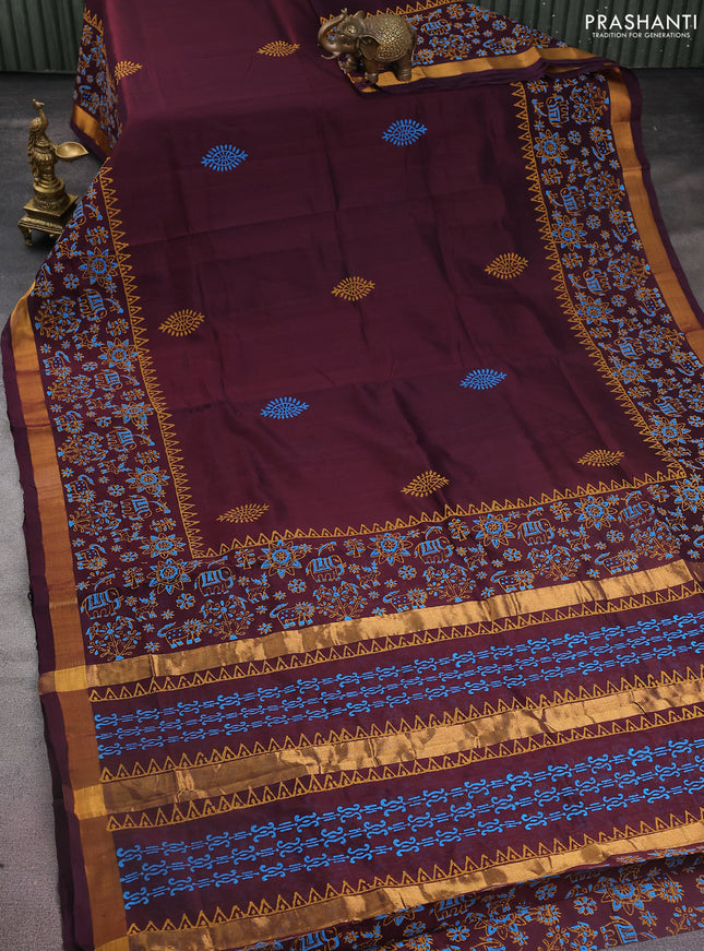 Silk cotton block printed saree deep wine shade with butta prints and zari woven border