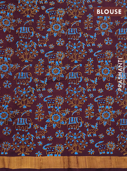 Silk cotton block printed saree deep wine shade with butta prints and zari woven border