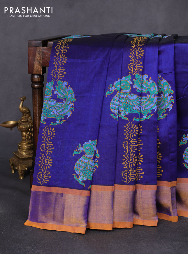 Silk cotton block printed saree blue and mustard yellow with butta prints and zari woven border