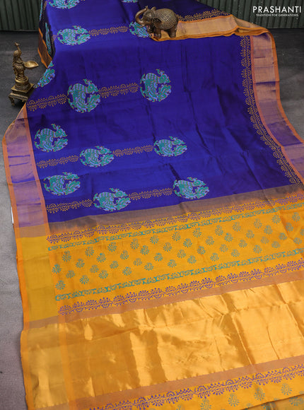 Silk cotton block printed saree blue and mustard yellow with butta prints and zari woven border