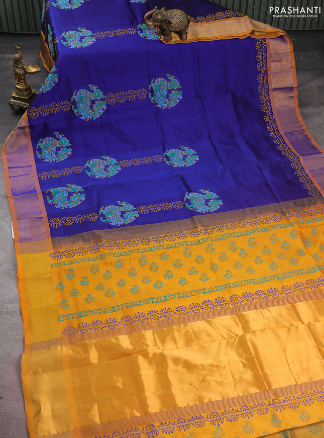 Silk cotton block printed saree blue and mustard yellow with butta prints and zari woven border