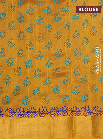 Silk cotton block printed saree blue and mustard yellow with butta prints and zari woven border