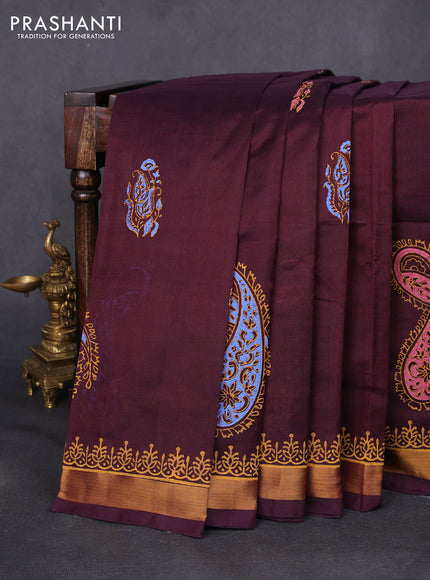 Silk cotton block printed saree coffee brown with allover prints and zari woven border