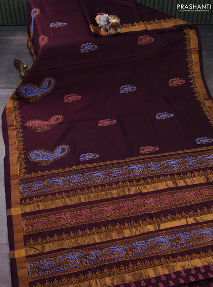 Silk cotton block printed saree coffee brown with allover prints and zari woven border