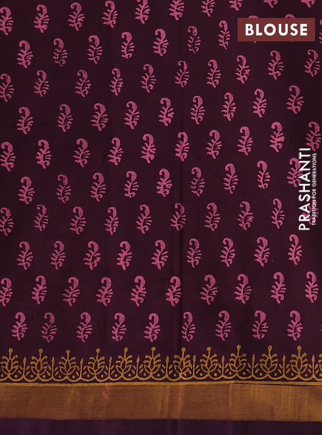 Silk cotton block printed saree coffee brown with allover prints and zari woven border