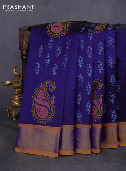 Silk cotton block printed saree blue and mustard yellow with butta prints and zari woven border