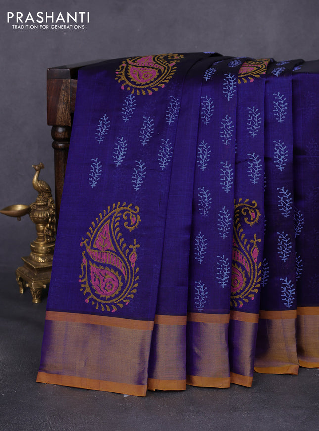 Silk cotton block printed saree blue and mustard yellow with butta prints and zari woven border
