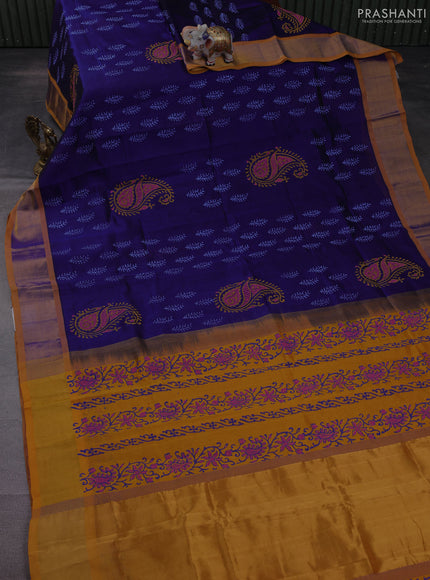 Silk cotton block printed saree blue and mustard yellow with butta prints and zari woven border
