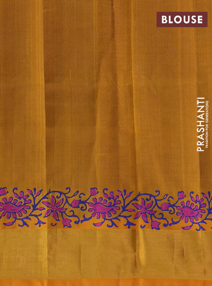 Silk cotton block printed saree blue and mustard yellow with butta prints and zari woven border