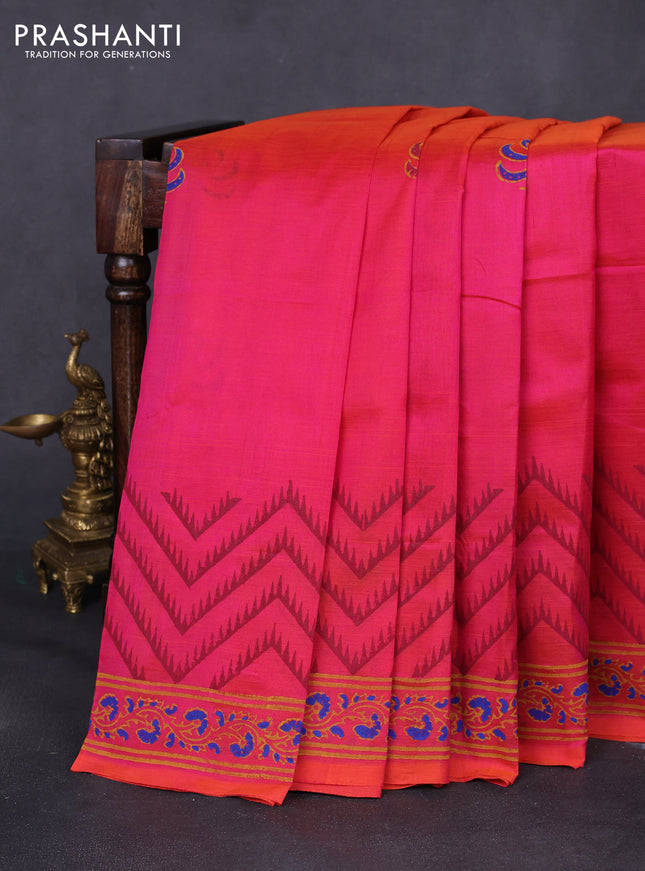 Silk cotton block printed saree dual shade of pink with butta prints and printed border