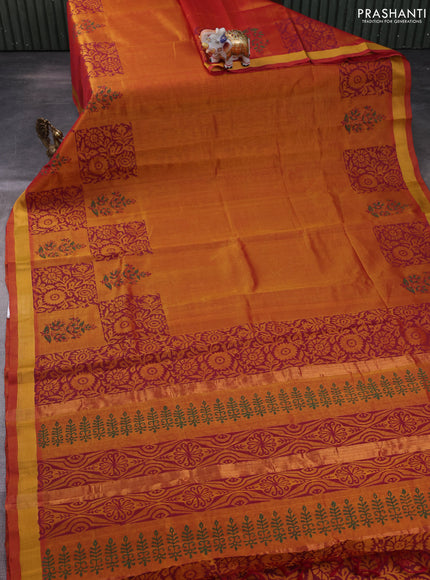 Silk cotton block printed saree sunset orange with allover prints and zari woven border