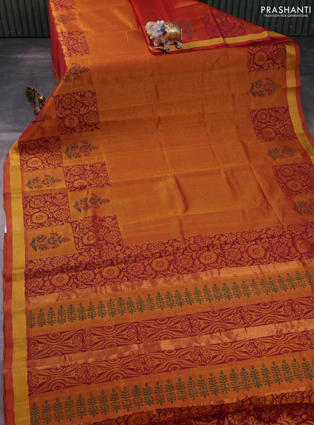 Silk cotton block printed saree sunset orange with allover prints and zari woven border