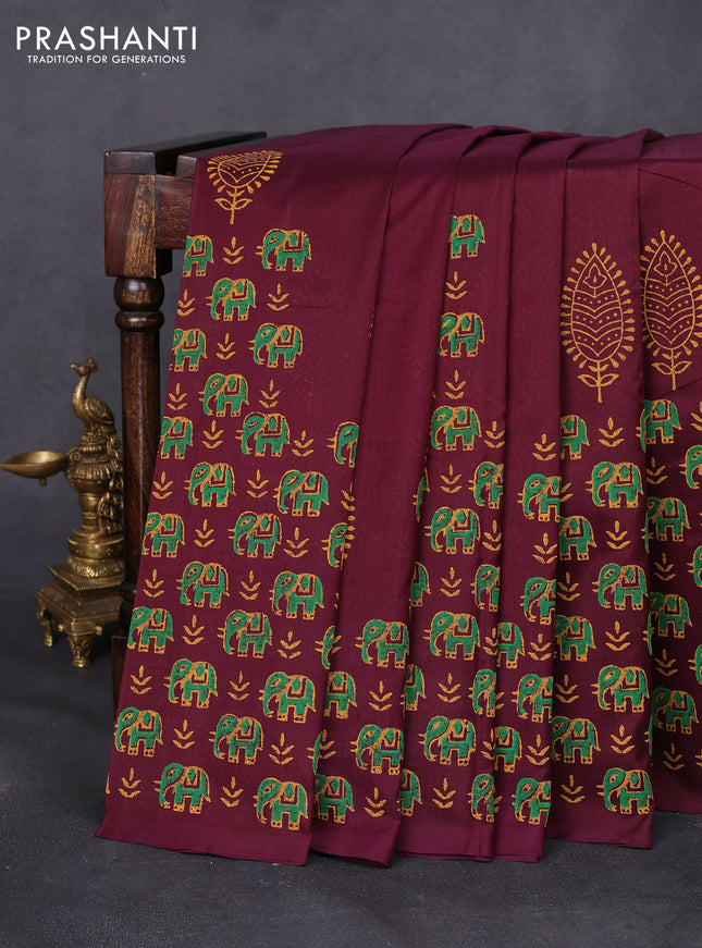 Silk cotton block printed saree deep wine shade with elephant butta prints and printed border