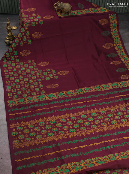 Silk cotton block printed saree deep wine shade with elephant butta prints and printed border