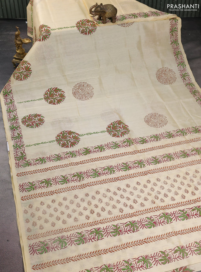 Silk cotton block printed saree cream with allover prints and printed border