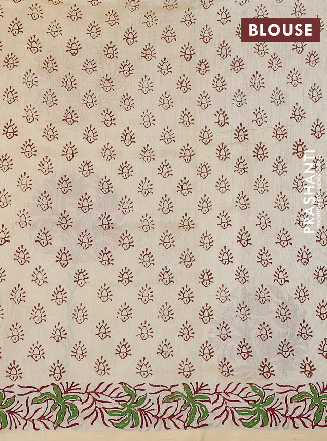 Silk cotton block printed saree cream with allover prints and printed border