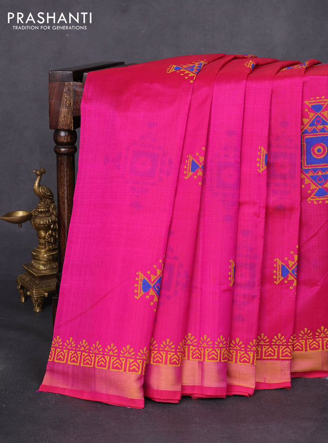 Silk cotton block printed saree pink with butta prints and zari woven border