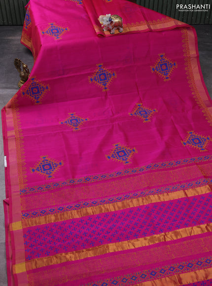 Silk cotton block printed saree pink with butta prints and zari woven border