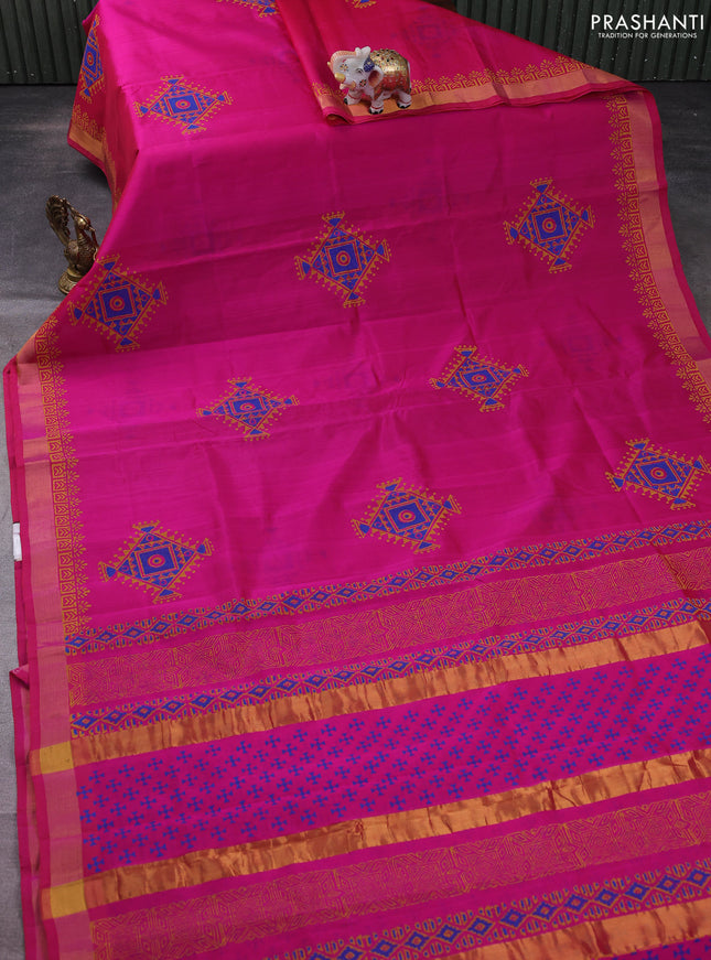 Silk cotton block printed saree pink with butta prints and zari woven border