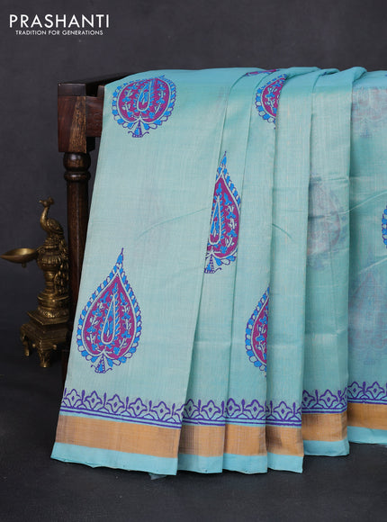 Silk cotton block printed saree light blue with butta prints and zari woven border