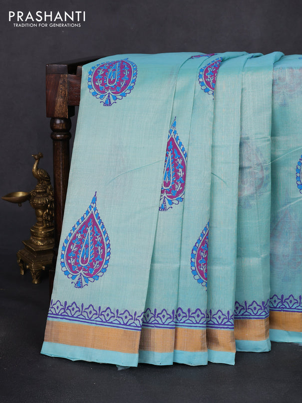 Silk cotton block printed saree light blue with butta prints and zari woven border