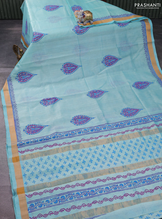 Silk cotton block printed saree light blue with butta prints and zari woven border