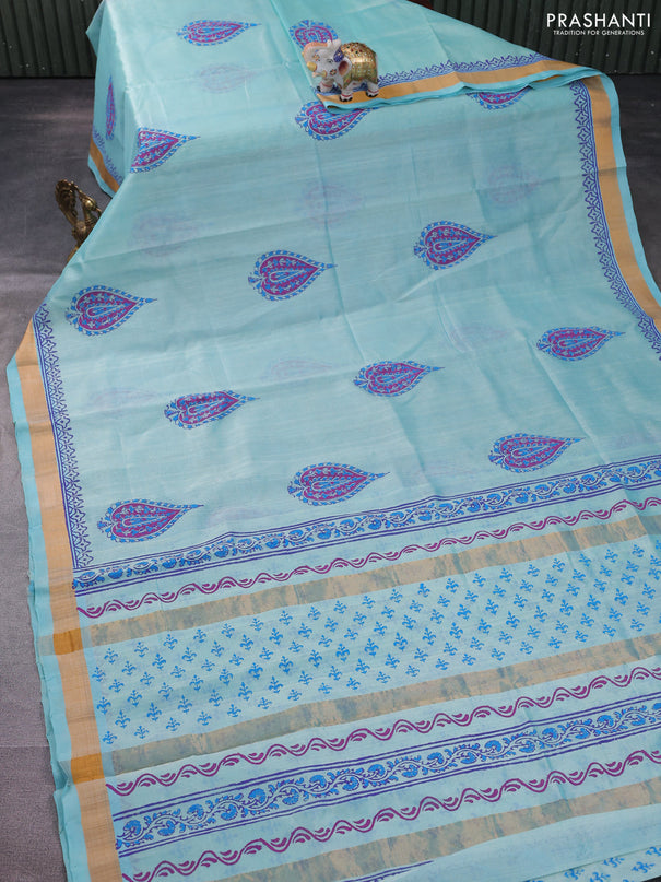 Silk cotton block printed saree light blue with butta prints and zari woven border