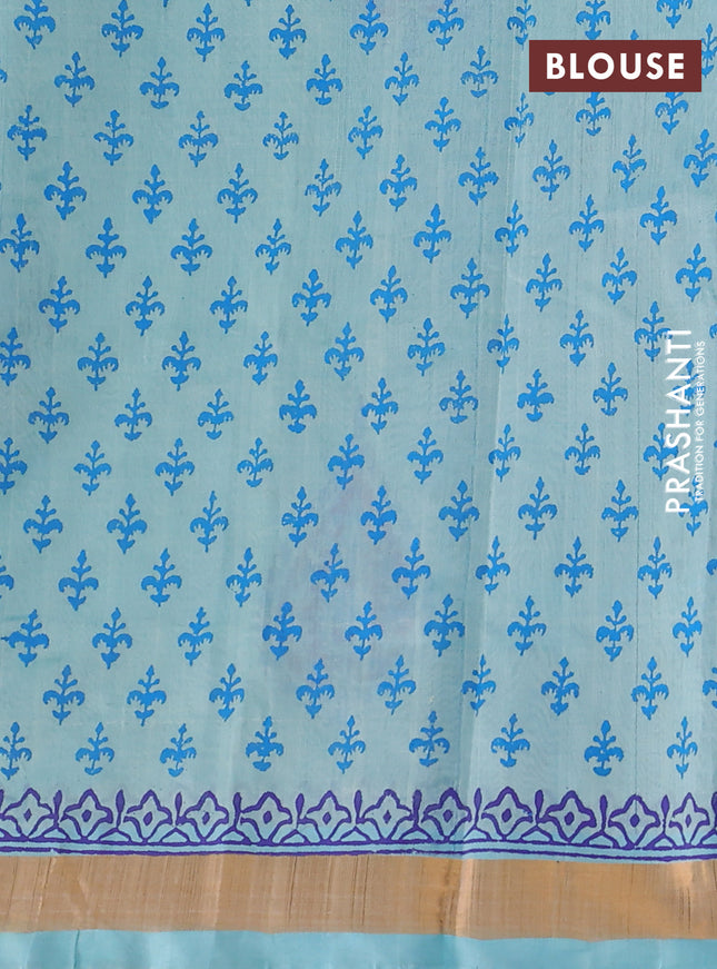 Silk cotton block printed saree light blue with butta prints and zari woven border