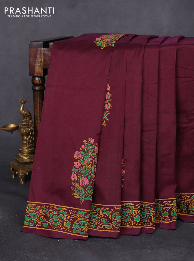 Silk cotton block printed saree wine shade with butta prints and printed border
