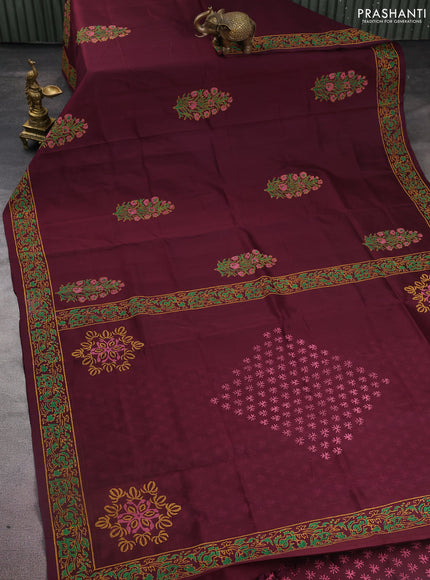 Silk cotton block printed saree wine shade with butta prints and printed border