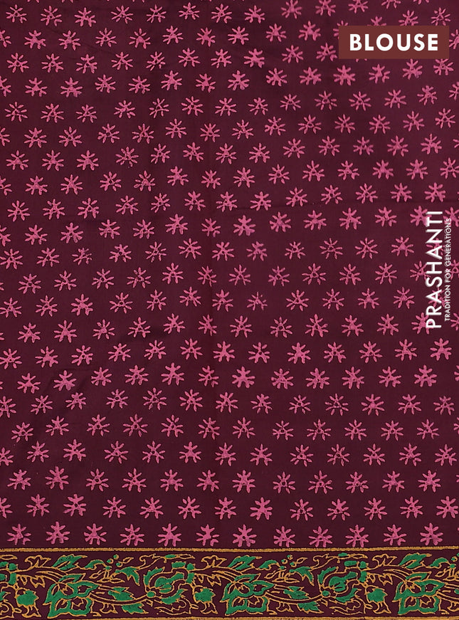 Silk cotton block printed saree wine shade with butta prints and printed border