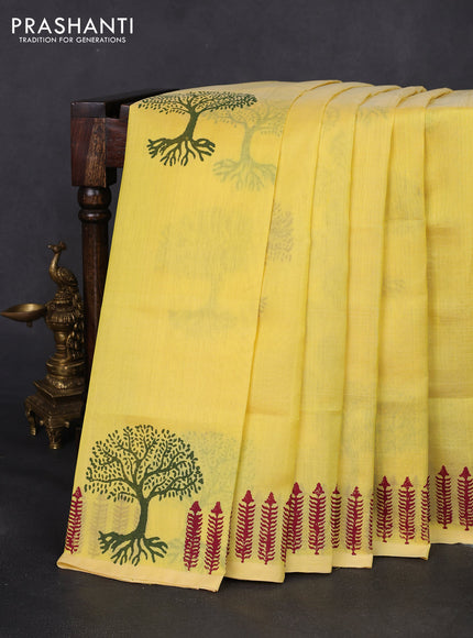 Silk cotton block printed saree lime yellow with butta prints and printed border