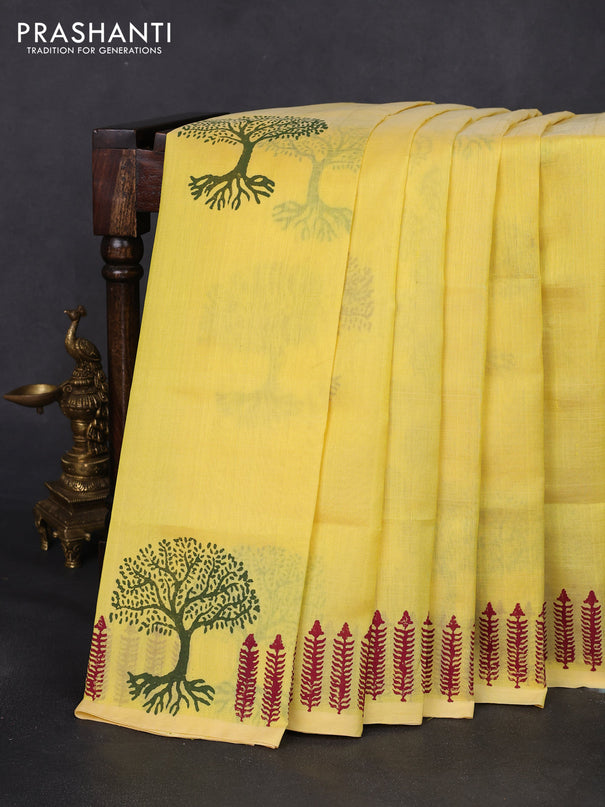 Silk cotton block printed saree lime yellow with butta prints and printed border