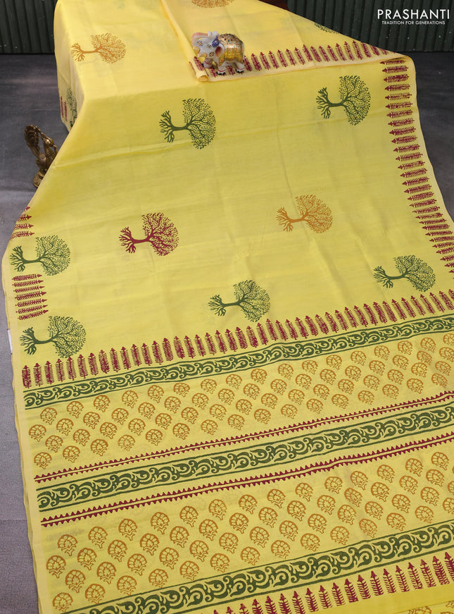 Silk cotton block printed saree lime yellow with butta prints and printed border