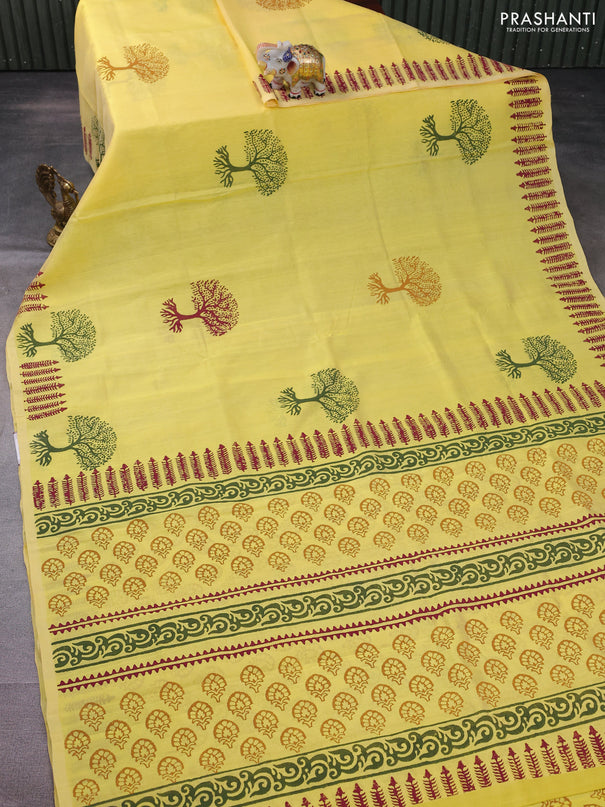 Silk cotton block printed saree lime yellow with butta prints and printed border