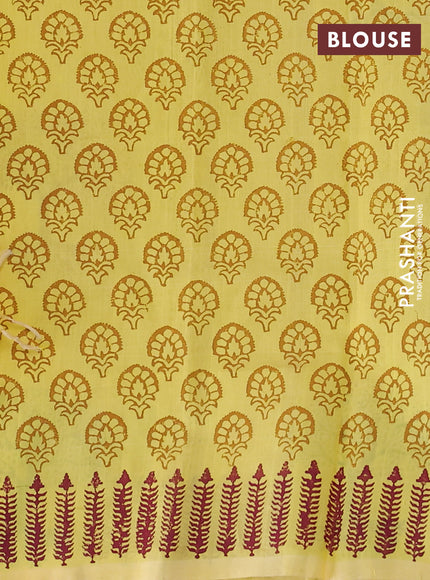 Silk cotton block printed saree lime yellow with butta prints and printed border