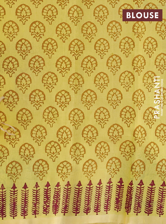 Silk cotton block printed saree lime yellow with butta prints and printed border