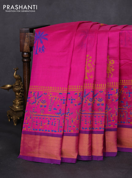 Silk cotton block printed saree pink and blue with warli prints and zari woven border