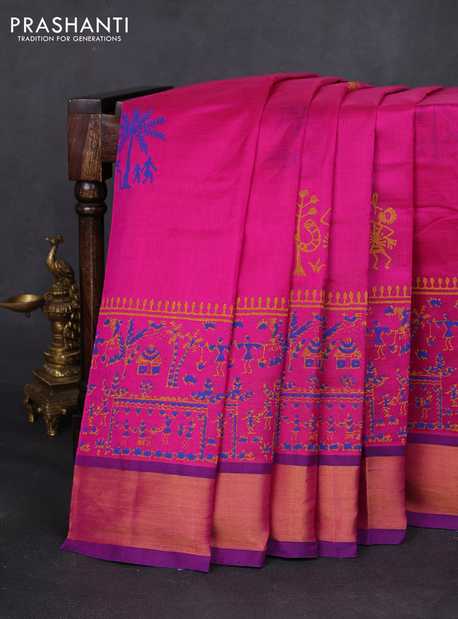 Silk cotton block printed saree pink and blue with warli prints and zari woven border